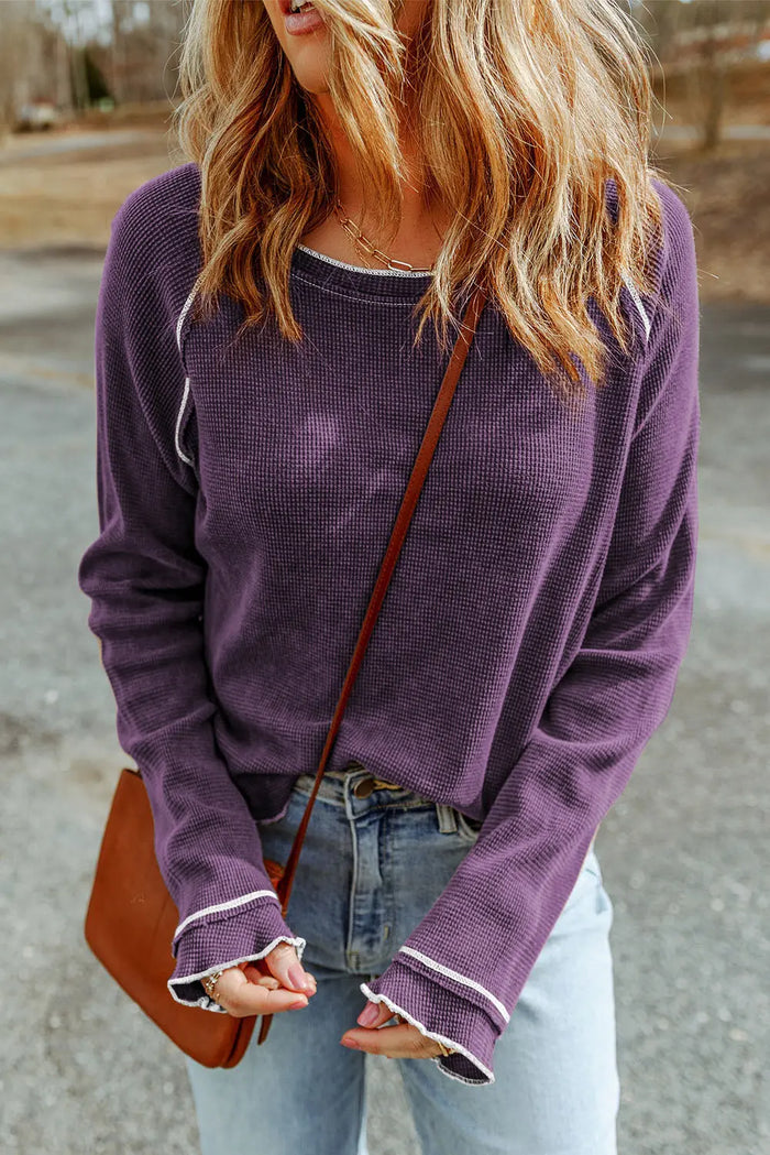 Textured Round Neck Long Sleeve Top - Tops/Long Tops