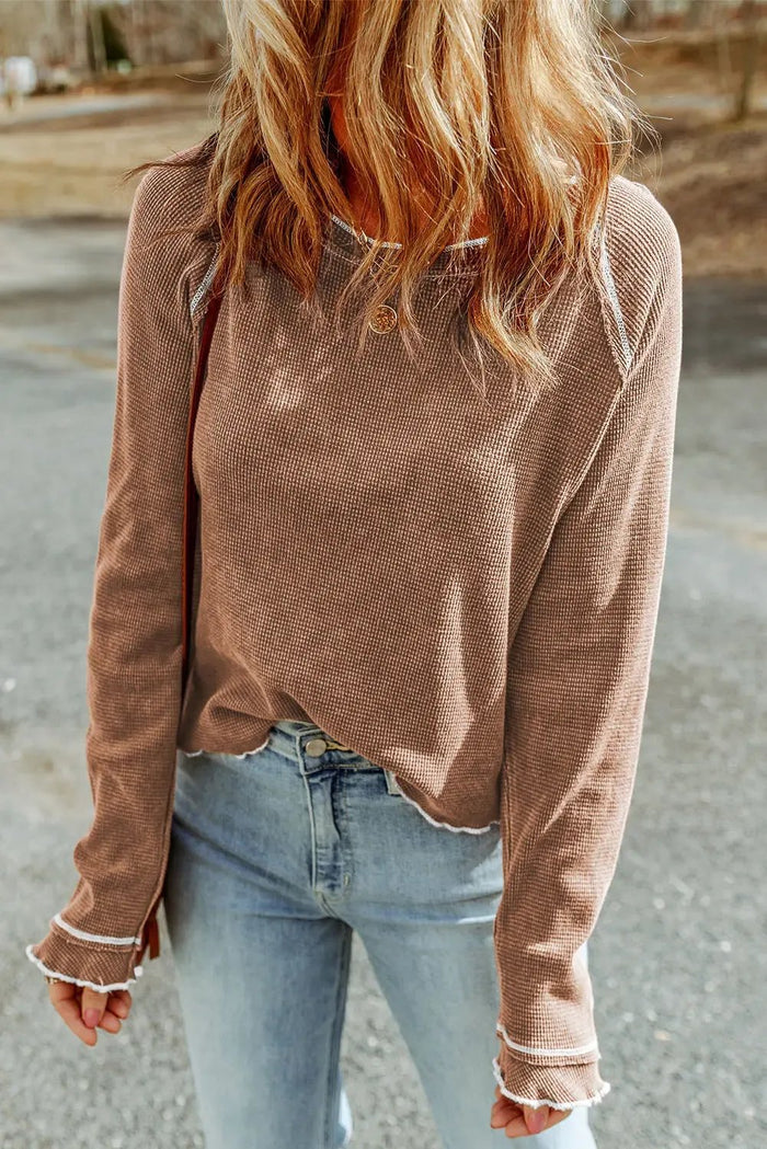 Textured Round Neck Long Sleeve Top - Smoke Grey / S - Tops/Long Tops