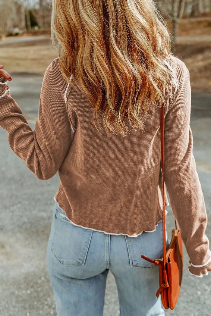 Textured Round Neck Long Sleeve Top - Tops/Long Tops