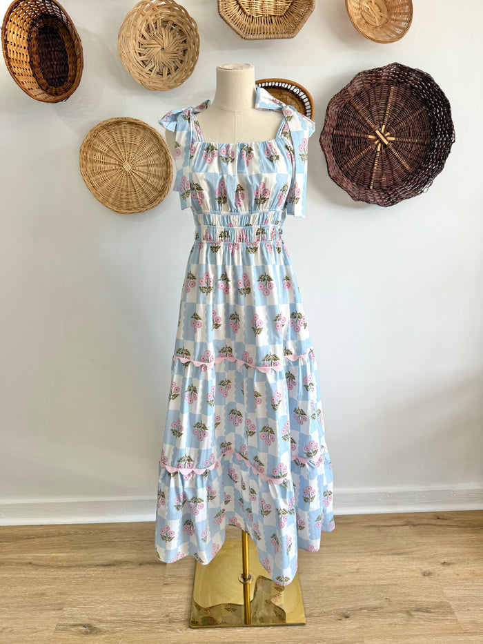 The Romy Blue & Pink Floral Ric Rac Detail Midi Dress
