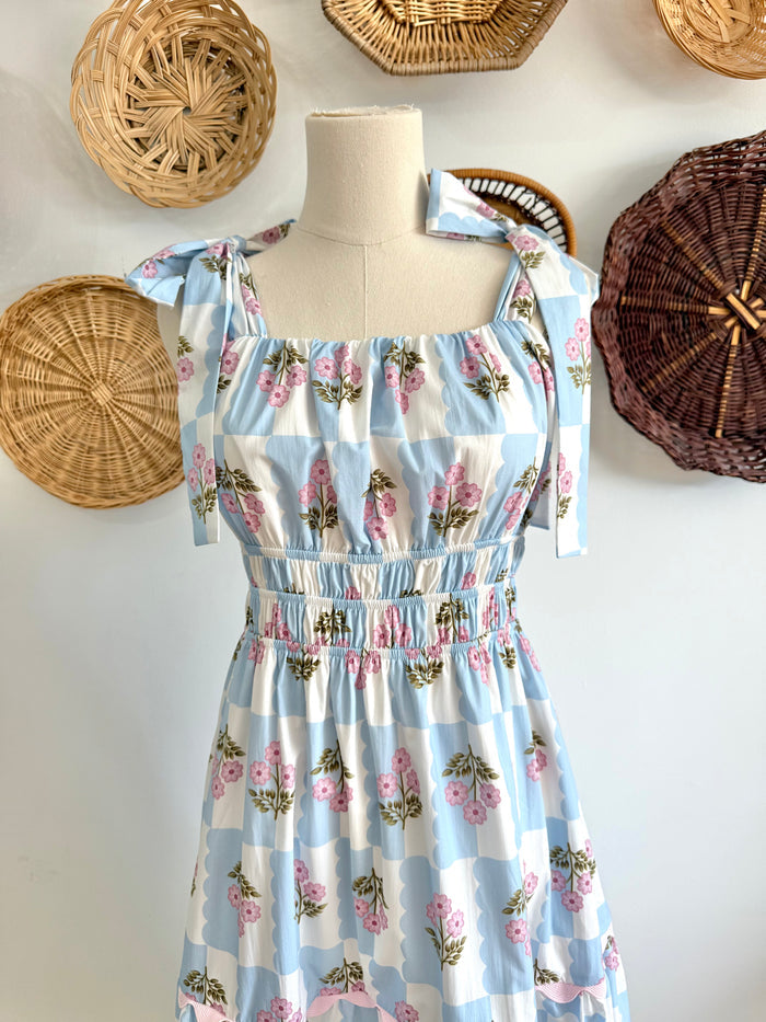 The Romy Blue & Pink Floral Ric Rac Detail Midi Dress