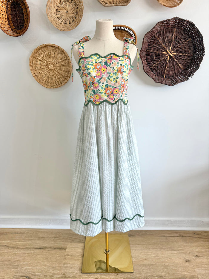 The Sara Floral & Pinstripe Midi Dress in Sage
