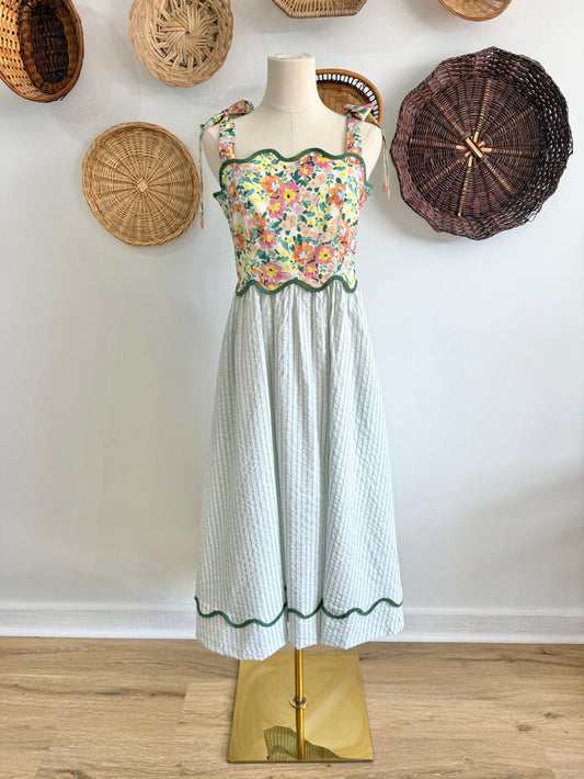 The Sara Floral & Pinstripe Midi Dress in Sage