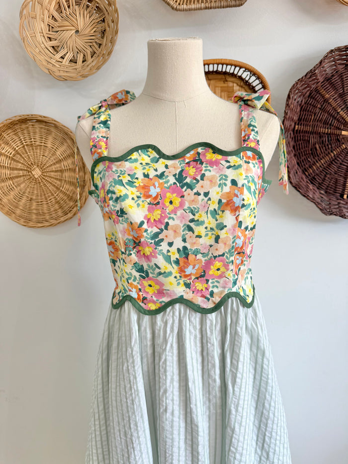 The Sara Floral & Pinstripe Midi Dress in Sage
