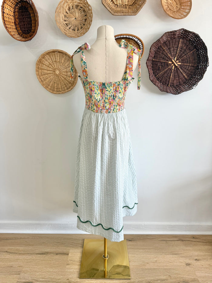 The Sara Floral & Pinstripe Midi Dress in Sage