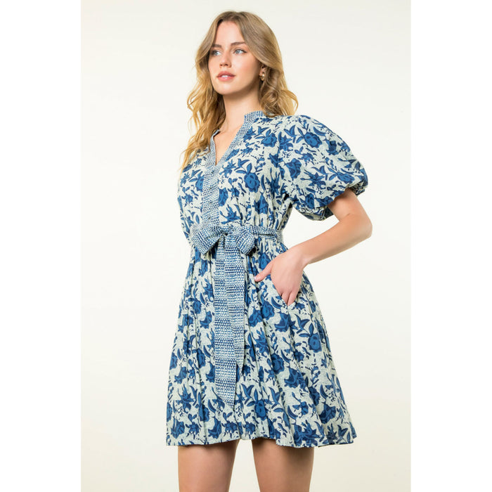 THML - Puff Sleeve, Printed Dress 1908 - Blue