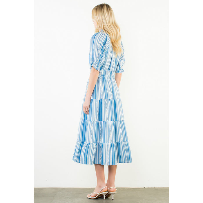 THML - Puff Sleeve, Striped Pattern, Midi Dress 3431 - Blue