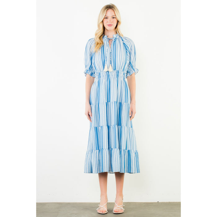 THML - Puff Sleeve, Striped Pattern, Midi Dress 3431 - Blue