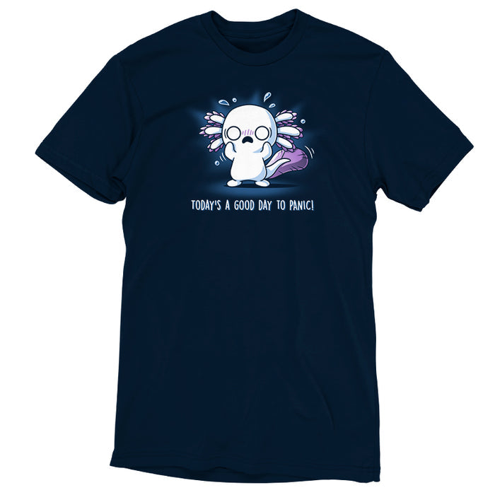 Premium Cotton T-shirt_TeeTurtle Today's a Good Day to Panic! navy blue shirt featuring an anxious axolotl with a panicked expression, standing with its hands up and sweating.