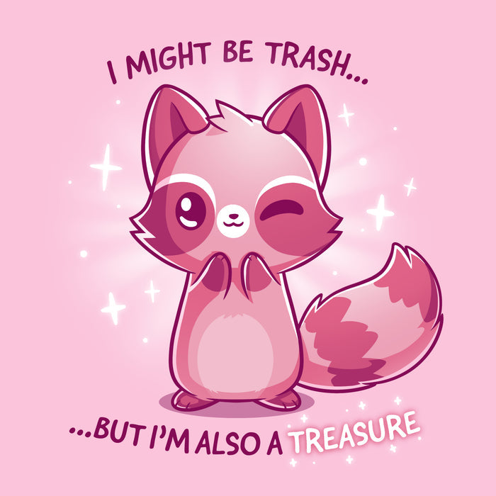 Premium Cotton T-shirt_TeeTurtle light pink Trash but Treasure apparel featuring a winking raccoon. Captions says, "I might be trash... but I'm also a treasure".
