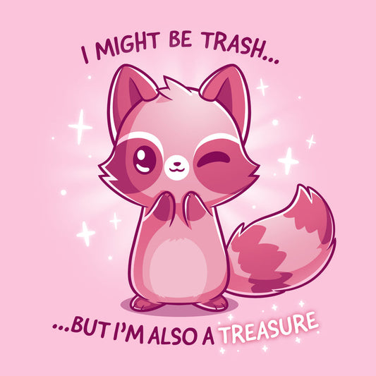 Premium Cotton T-shirt_TeeTurtle light pink Trash but Treasure apparel featuring a winking raccoon. Captions says, "I might be trash... but I'm also a treasure".