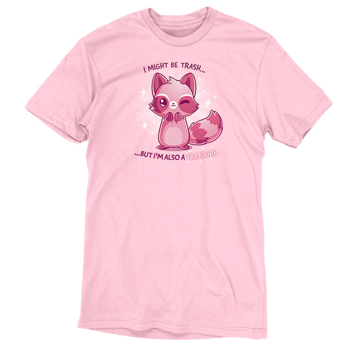Premium Cotton T-shirt_TeeTurtle light pink Trash but Treasure apparel featuring a winking raccoon. Captions says, "I might be trash... but I'm also a treasure".