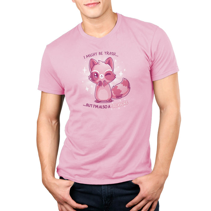 Premium Cotton T-shirt_TeeTurtle light pink Trash but Treasure apparel featuring a winking raccoon. Captions says, "I might be trash... but I'm also a treasure".