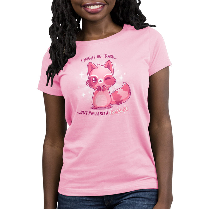 Premium Cotton T-shirt_TeeTurtle light pink Trash but Treasure apparel featuring a winking raccoon. Captions says, "I might be trash... but I'm also a treasure".