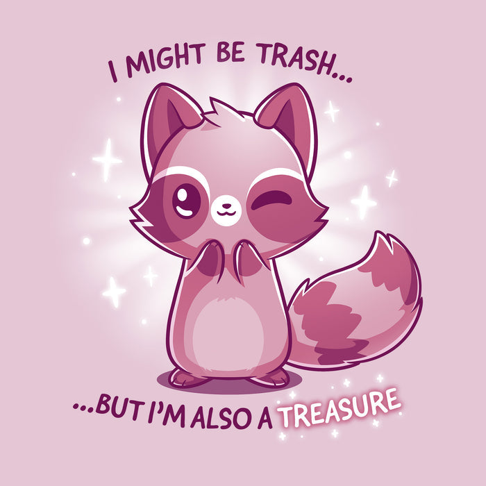 Classic Cotton T-shirt_TeeTurtle light pink Trash but Treasure apparel featuring a winking raccoon. Captions says, "I might be trash... but I'm also a treasure".