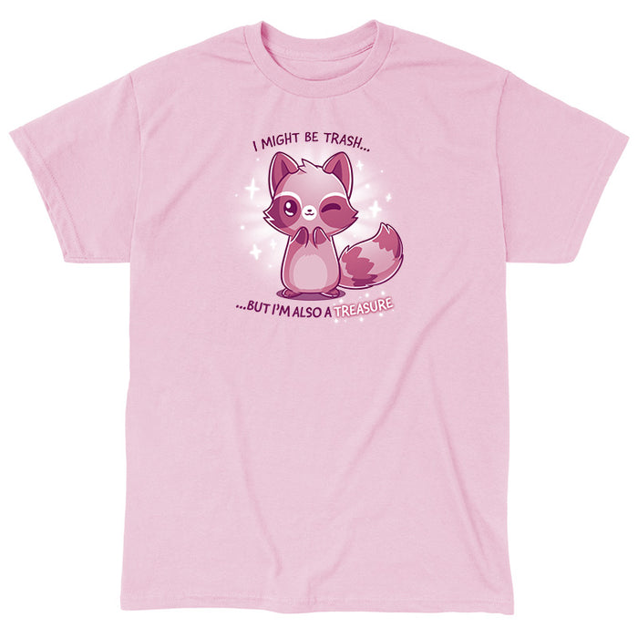 Classic Cotton T-shirt_TeeTurtle light pink Trash but Treasure apparel featuring a winking raccoon. Captions says, "I might be trash... but I'm also a treasure".