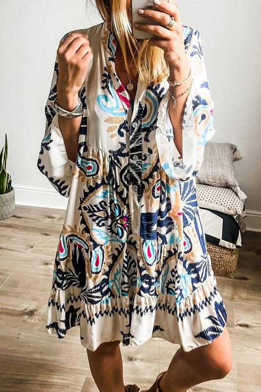 White Printed Tribal Bracelet Sleeve Buttoned Mini Dress - S / 100% Polyester - Dresses/Mini Dresses