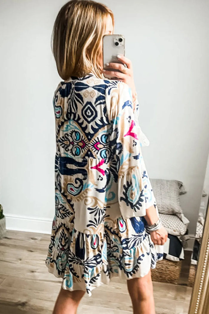 White Printed Tribal Bracelet Sleeve Buttoned Mini Dress - Dresses/Mini Dresses