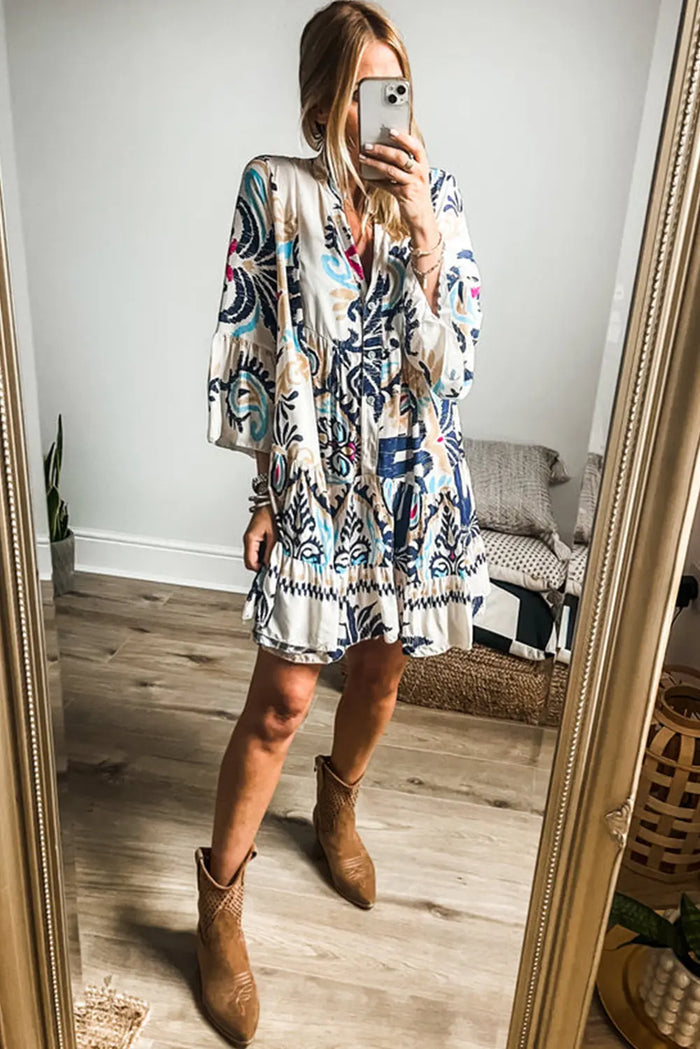 White Printed Tribal Bracelet Sleeve Buttoned Mini Dress - Dresses/Mini Dresses