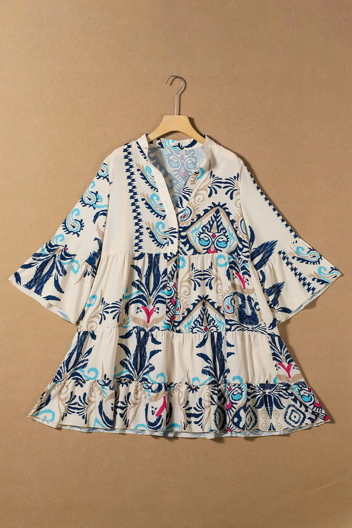 White Printed Tribal Bracelet Sleeve Buttoned Mini Dress - Dresses/Mini Dresses