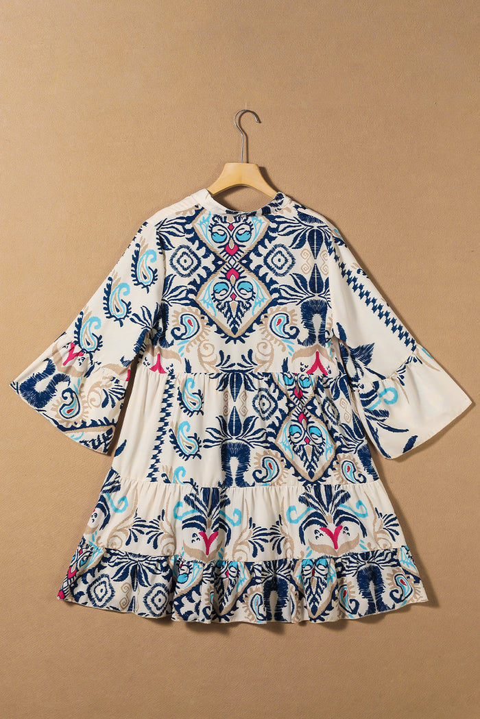 White Printed Tribal Bracelet Sleeve Buttoned Mini Dress - Dresses/Mini Dresses