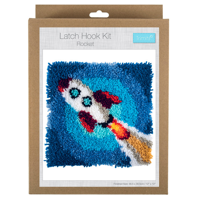 Trimits Latch Hook Kit Rocket, 30.5x30.5cm, Includes Canvas, Yarn, Tool, and Instructions Fabric