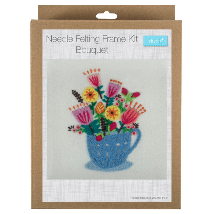 Trimits Needle Felting Kit with Frame Bouquet, 20.3x20.3cm, Includes Wooden Frame, Felting Tool, Wool, Instructions in EN, FR, GER