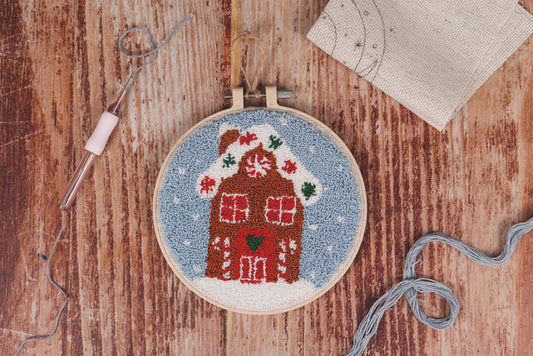Trimits Punch Needle Kit Floss and Hoop: Christmas Gingerbread House, 15.2cm Diameter, Includes Floss, Hoop, Fabric, Punch Needle, and...