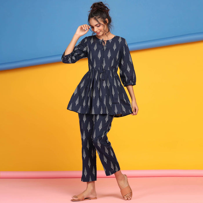 Tropical Leaves on Blue Peplum Cotton Loungewear Top Set