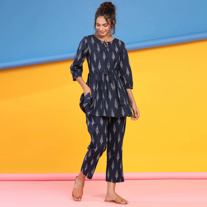 Tropical Leaves on Blue Peplum Cotton Loungewear Top Set