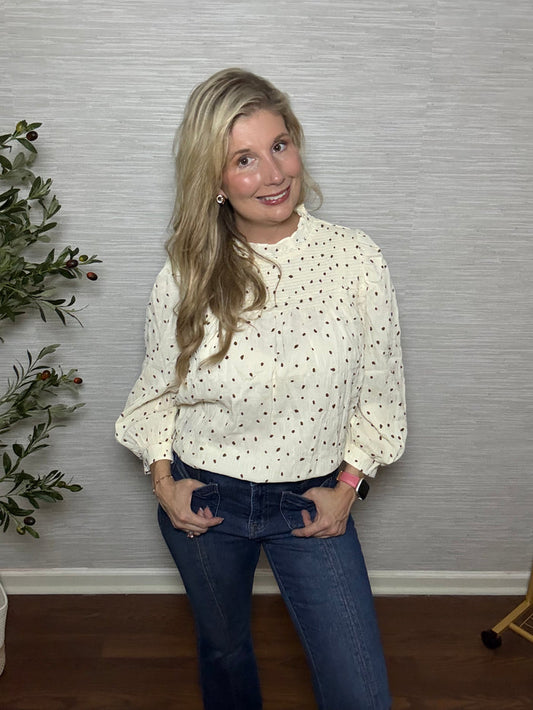 Vintage-Chic Polka Dot Puff Sleeve Blouse – Smocked Mock Neck Top