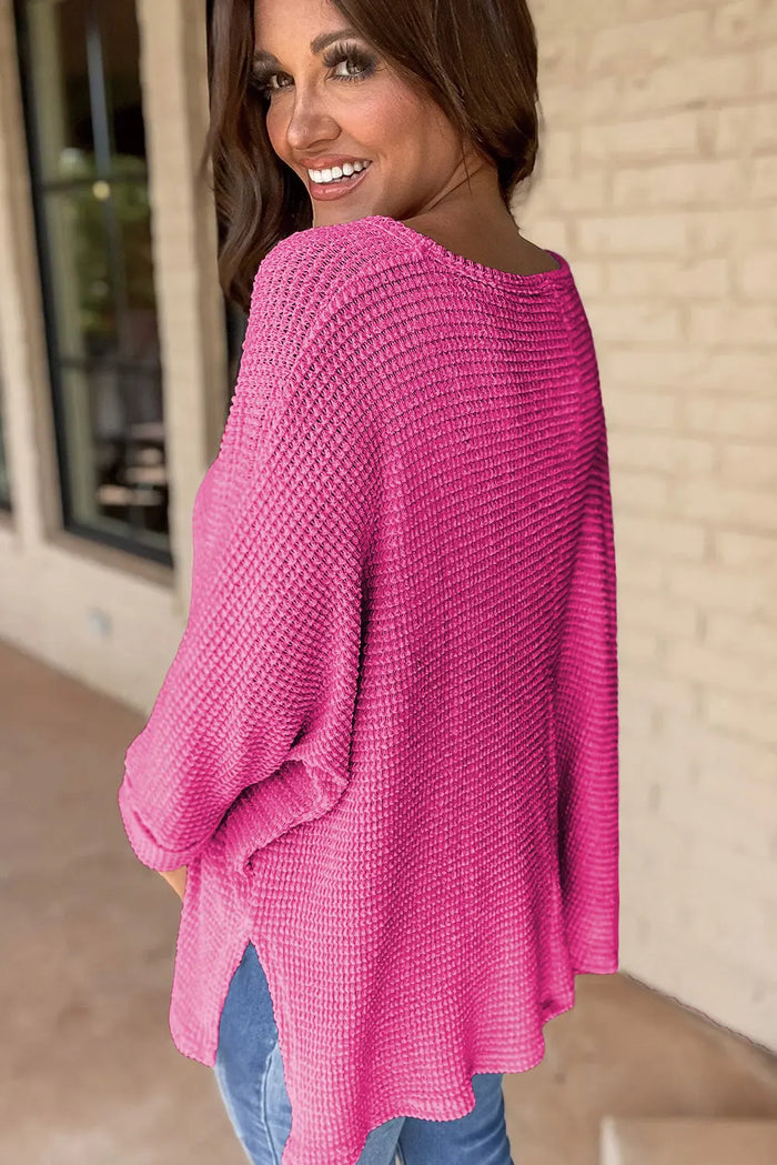 Rose Red Waffle Knit Side Slits Loose Fit V Neck Top - Tops/Long Sleeve Tops