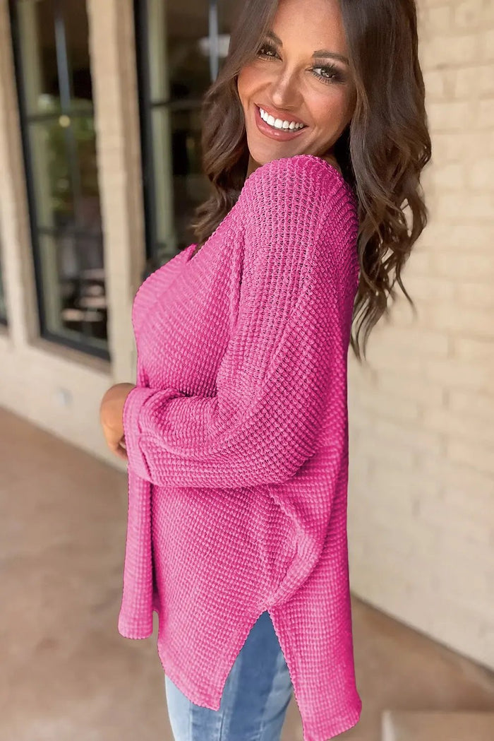 Rose Red Waffle Knit Side Slits Loose Fit V Neck Top - Tops/Long Sleeve Tops