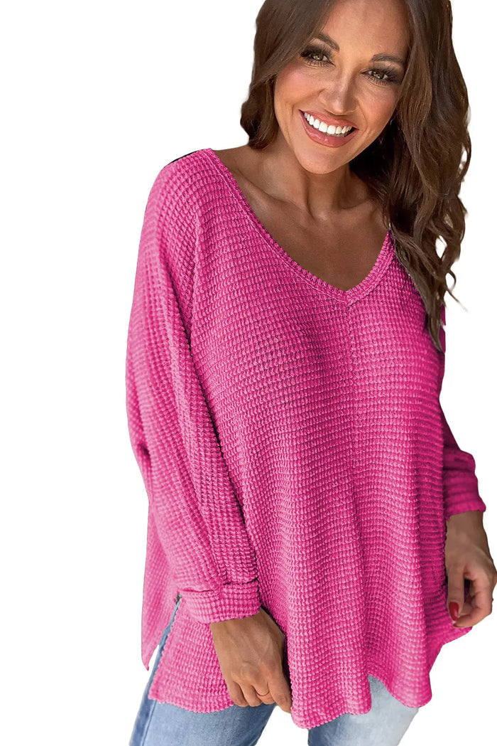 Rose Red Waffle Knit Side Slits Loose Fit V Neck Top - Tops/Long Sleeve Tops