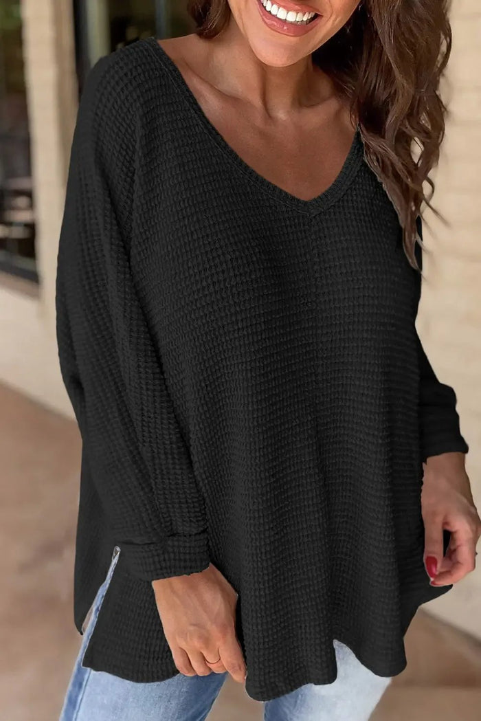 Rose Red Waffle Knit Side Slits Loose Fit V Neck Top - BLACK / S / 65% POLYESTER + 30% VISCOSE + 5% ELASTANE