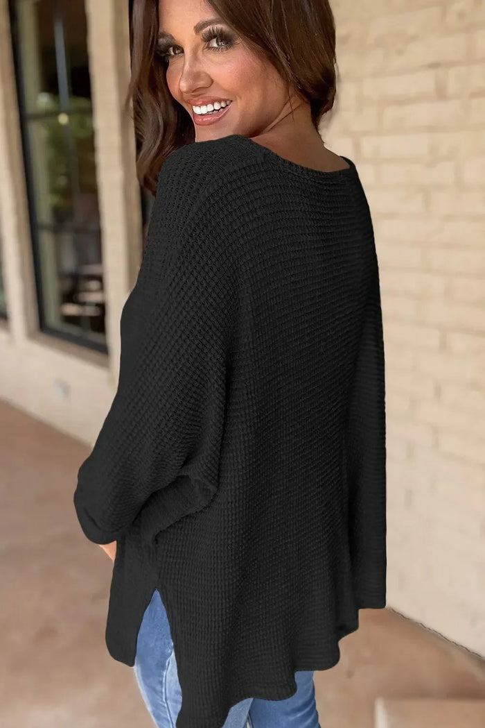 Rose Red Waffle Knit Side Slits Loose Fit V Neck Top - Tops/Long Sleeve Tops