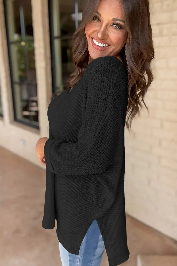 Rose Red Waffle Knit Side Slits Loose Fit V Neck Top - Tops/Long Sleeve Tops