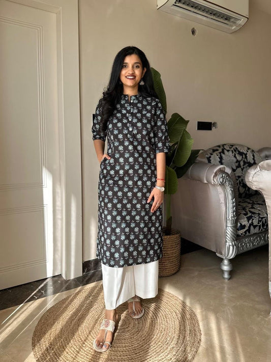 Weekend Cotton Kurta- Black Blue Booti
