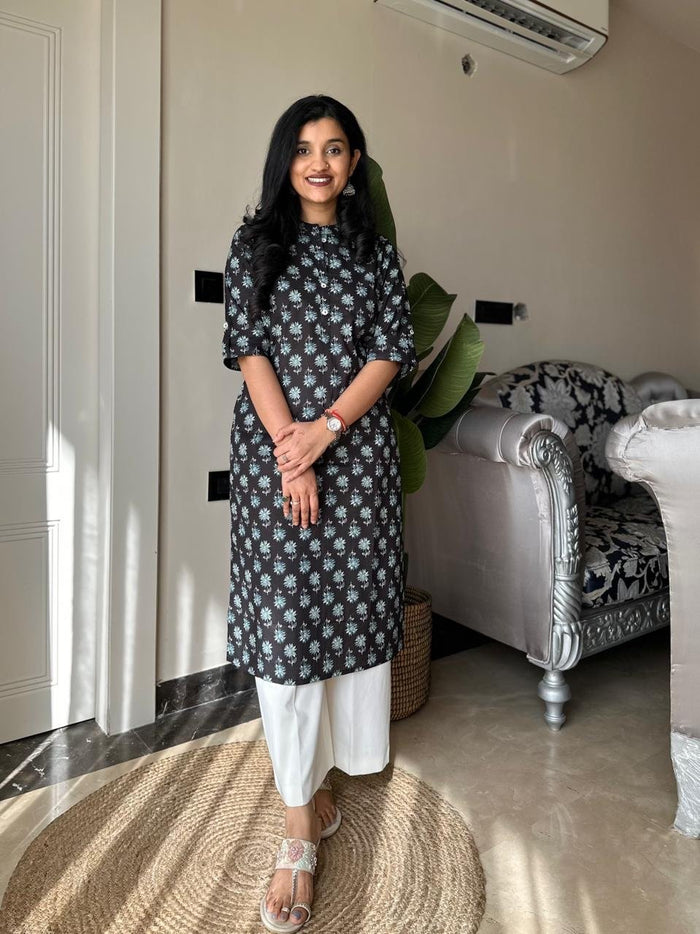 Weekend Cotton Kurta- Black Blue Booti