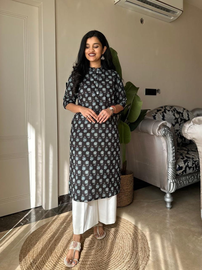 Weekend Cotton Kurta- Black Blue Booti