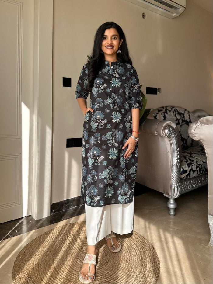 Weekend Cotton Kurta- Black Blue Florals