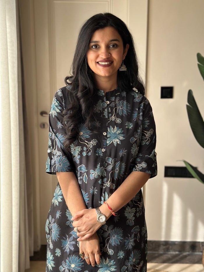 Weekend Cotton Kurta- Black Blue Florals