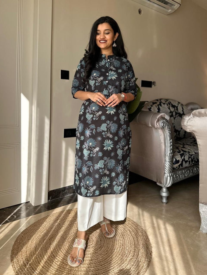 Weekend Cotton Kurta- Black Blue Florals