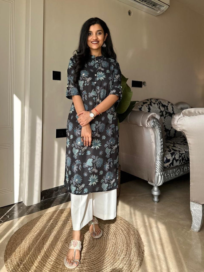 Weekend Cotton Kurta- Black Blue Florals