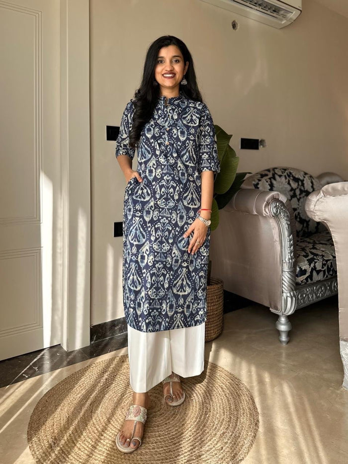 Weekend Cotton Kurta- Indigo Pattern