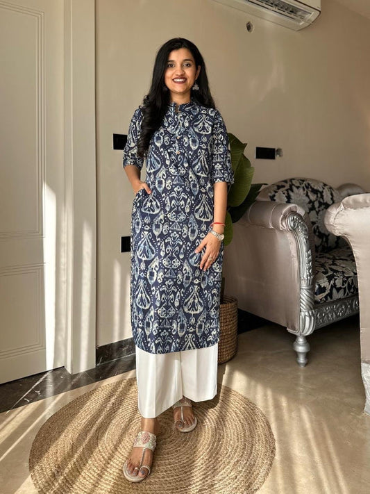 Weekend Cotton Kurta- Indigo Pattern