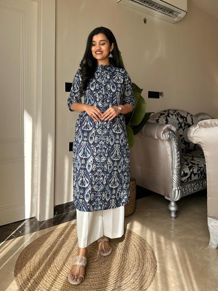 Weekend Cotton Kurta- Indigo Pattern