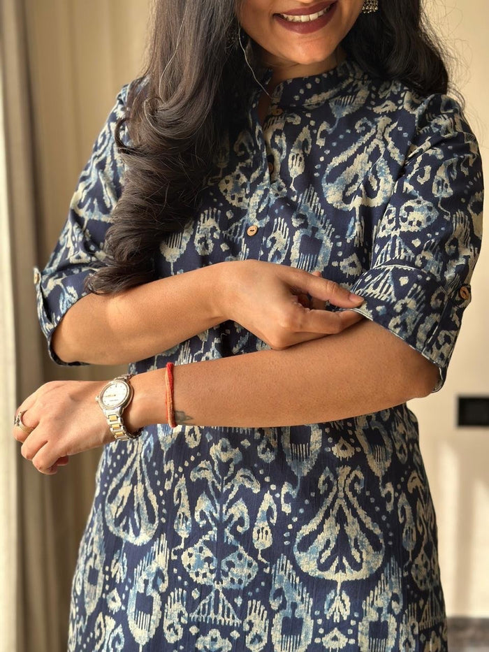 Weekend Cotton Kurta- Indigo Pattern