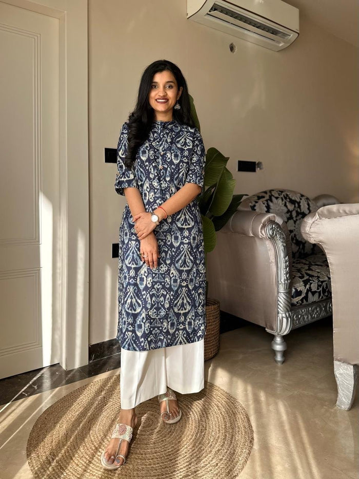 Weekend Cotton Kurta- Indigo Pattern