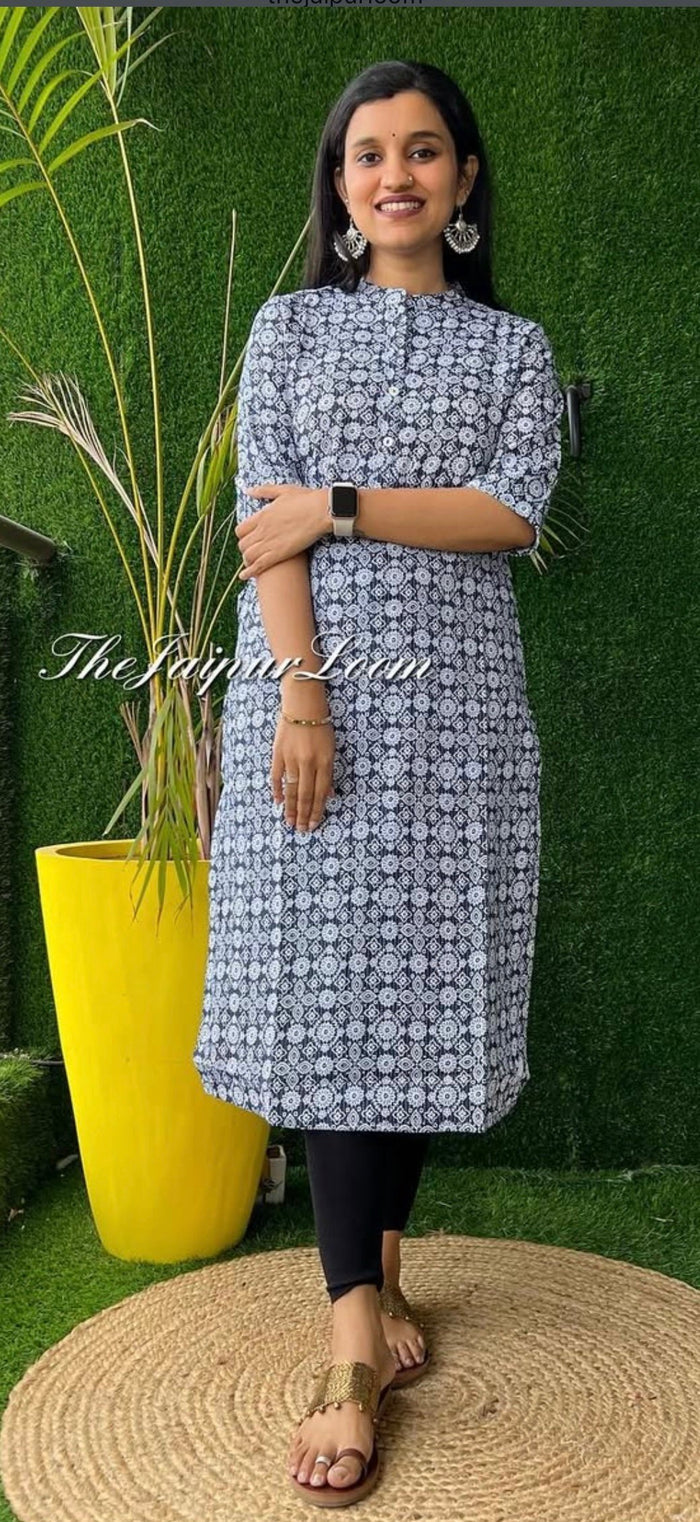 Weekend Cotton Kurta- White Blue Jaal